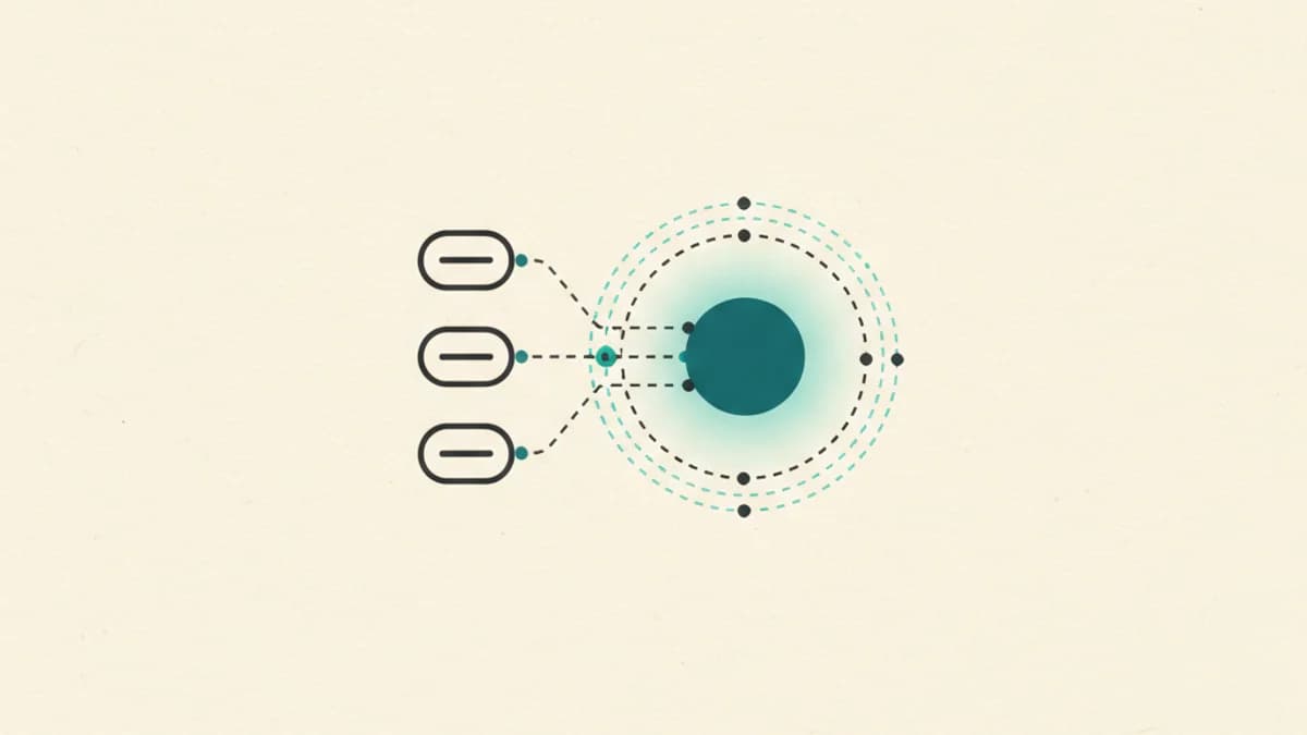 Editorial illustration of three differently spelled domain chips converging into a single glowing entity node, in a cool Nordic palette
