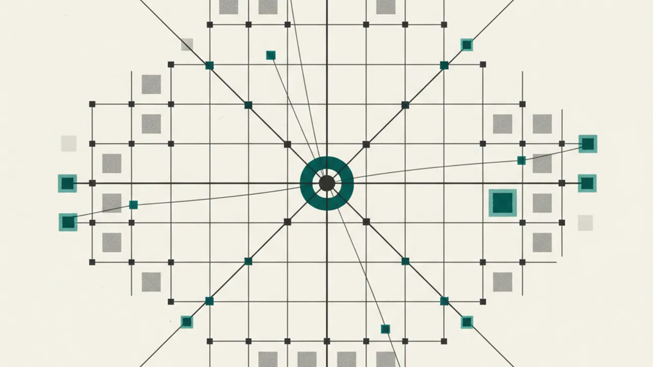 Editorial illustration of a small core directing a structured fleet of specialised AI agents, with cheap deterministic checks feeding a few expensive intelligence nodes