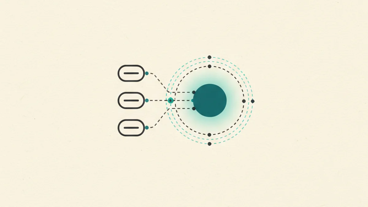 Editorial illustration of three differently spelled domain chips converging into a single glowing entity node, in a cool Nordic palette