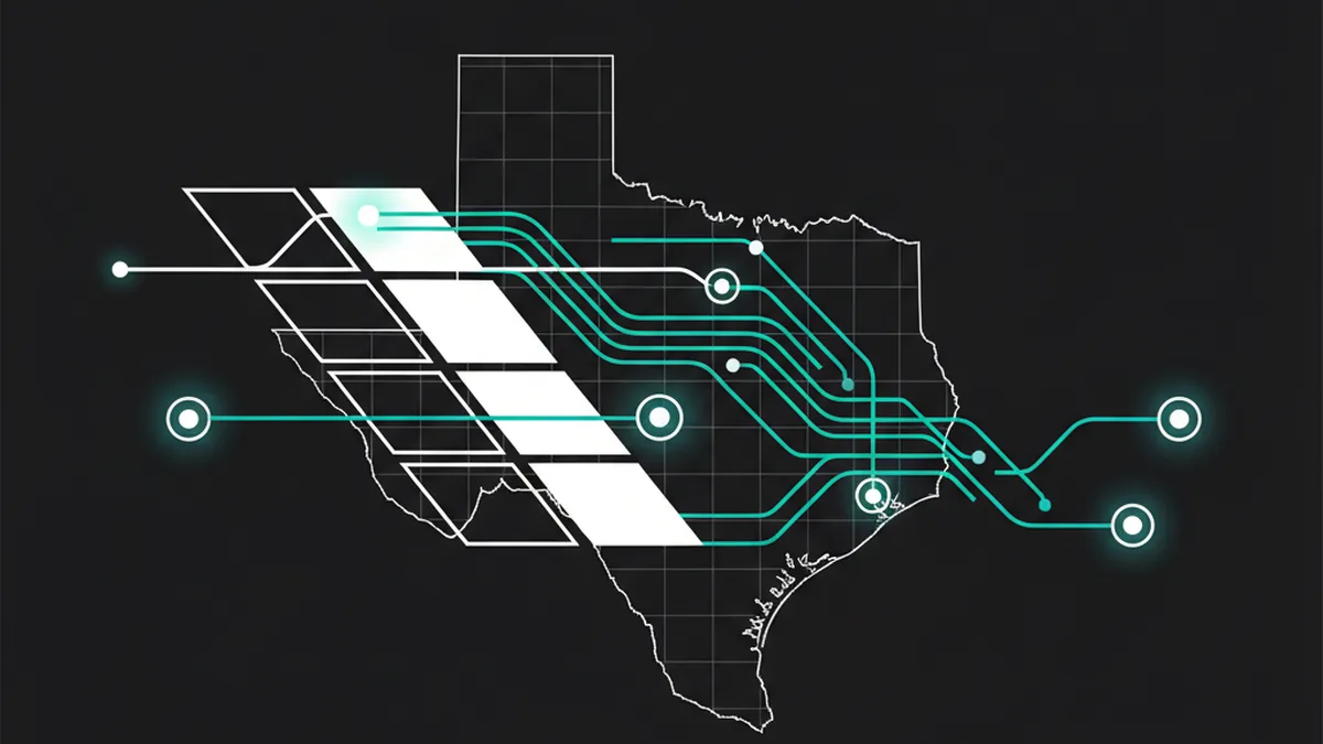Editorial illustration of Texas-shaped solar panels feeding data into AI answer-engine nodes, in black, white and teal